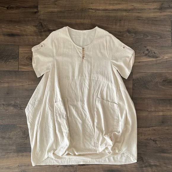 Ivory Cream Linen Pocket Short Sleeve Roll Up Button Dress Casual Comfy One Size - Picture 2 of 10